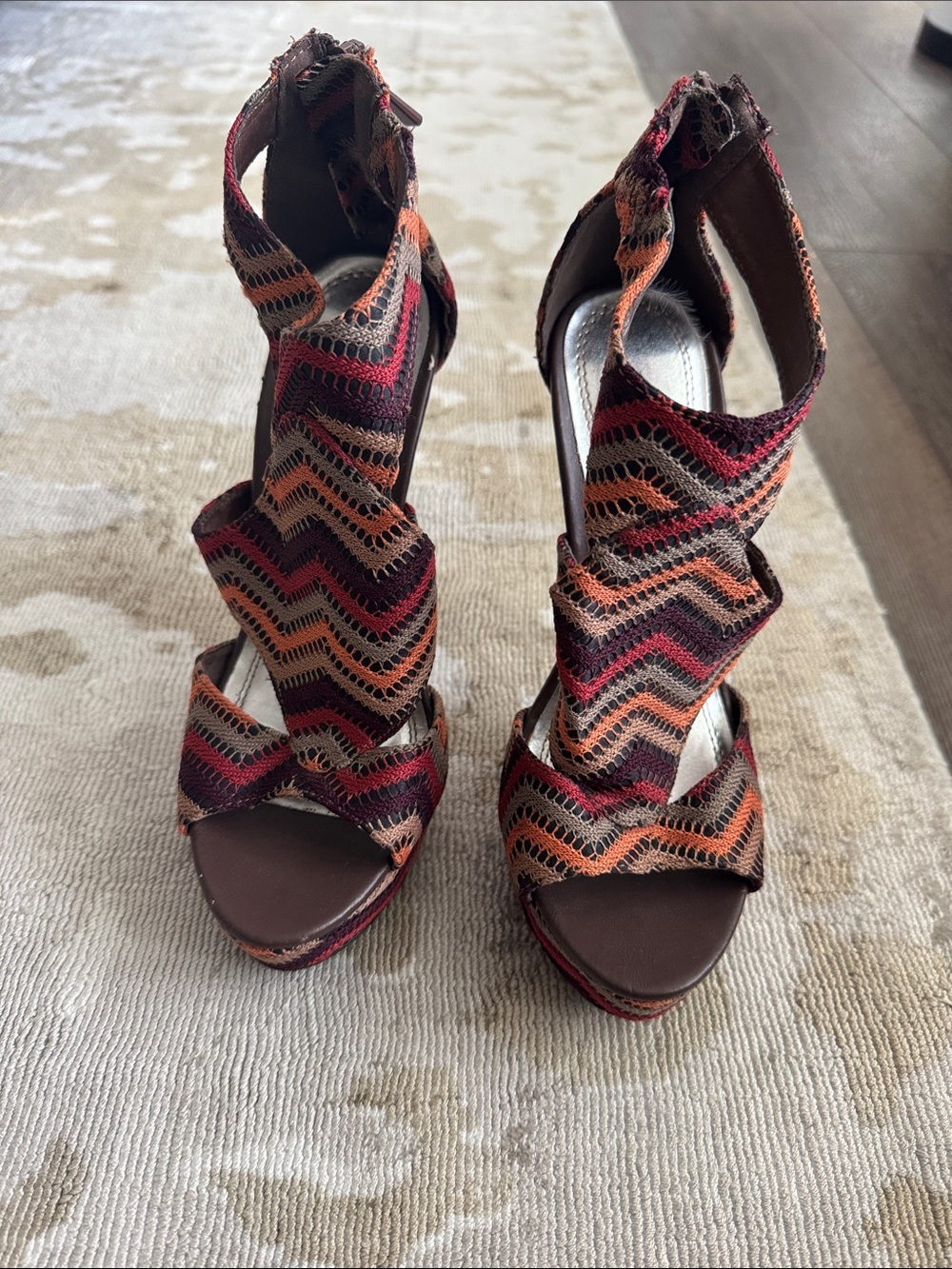 Body Central Zigzag Strappy High-Heel Sandals - Brown/Orange/Red